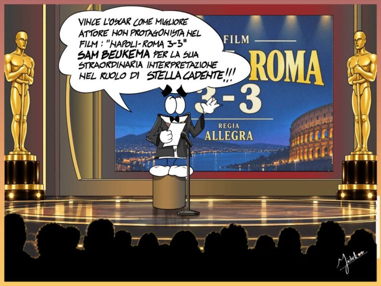 Michele dall'Oman's cartoon turns Napoli-Roma into an Oscars ceremony, with Sam Beukema as 'best supporting actor'